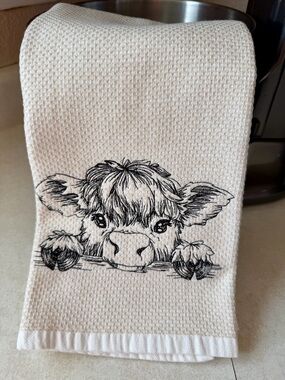 Cute Highland Cow Embroidered Kitchen Towel - Neutral